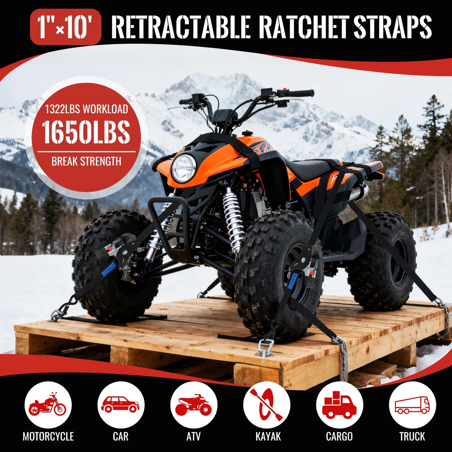 Retractable Ratchet Straps 1" x 10' Heavy Duty-1209 lbs Break Strength-Auto Retractable Boat Trailer Tie Down for Truck,Cargo