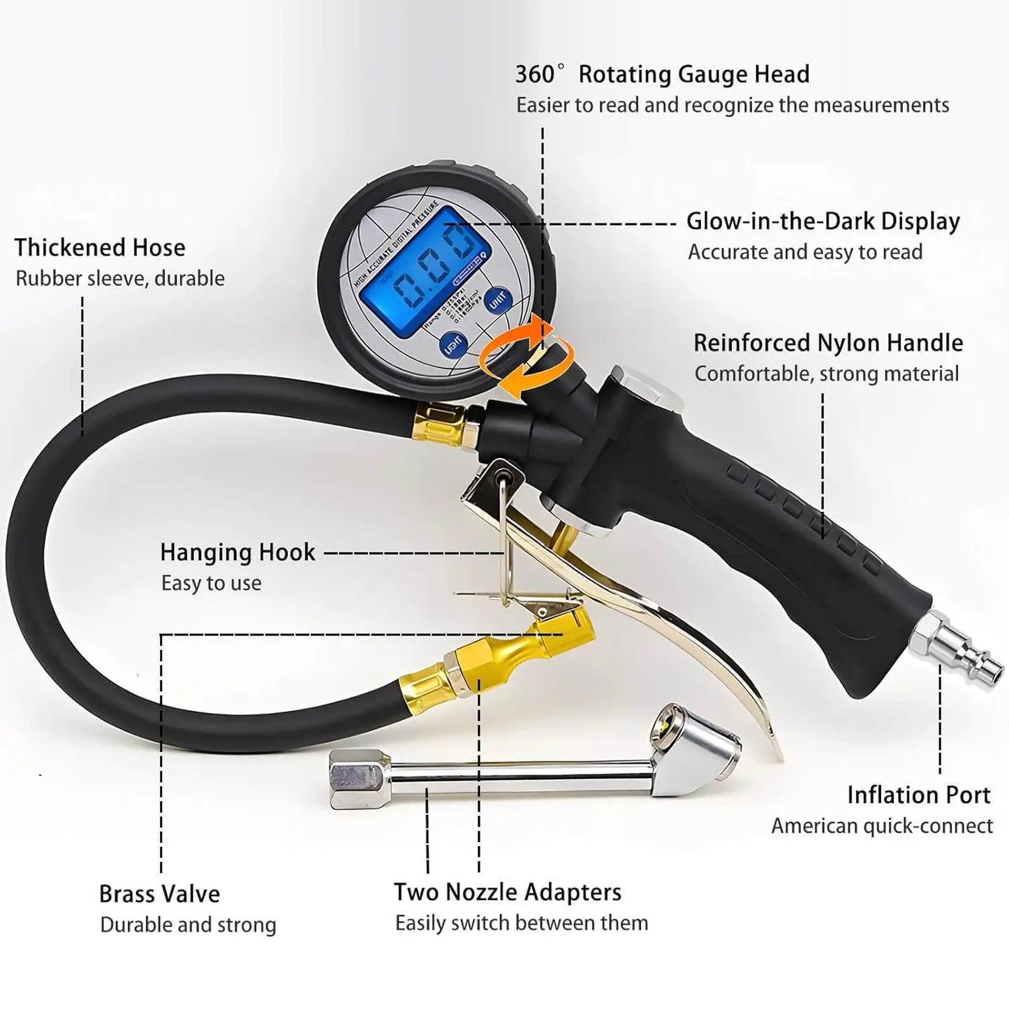 Digital Tire Inflator With Pressure Gauge 255 PSI For Cars