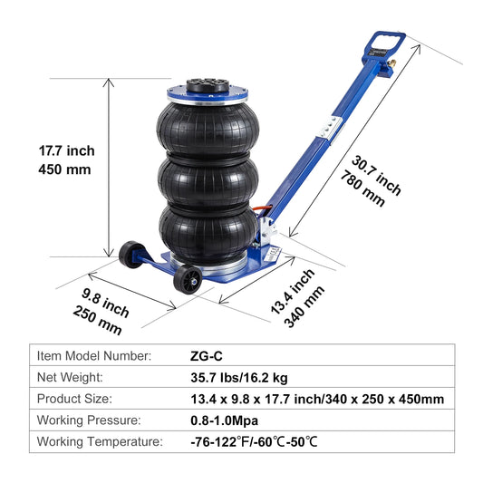 SucceBuy Pneumatic Jack 3 Ton/5 Ton Triple Bag Air Jack Quick Lift Heavy Duty Car Repair Jacks Folding Rod Jacks with Two Wheels