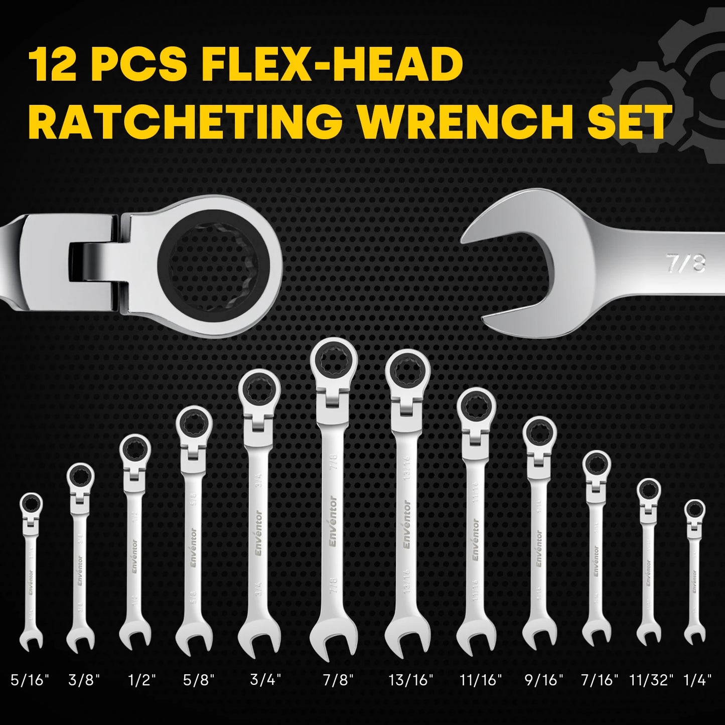 Enventor 12 Pieces Ratcheting Wrench Set SAE 1/4-7/8" 180° Flex Head 12-Point Combination Ratchet Wrenches Set For Garage Home