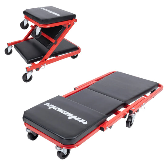 3-in-1 Rolling Mechanic Creeper Z Seat, Foldable Garage Chair Lay Down Sit Lean Back, Under Car Shop Auto Repair, Red Black