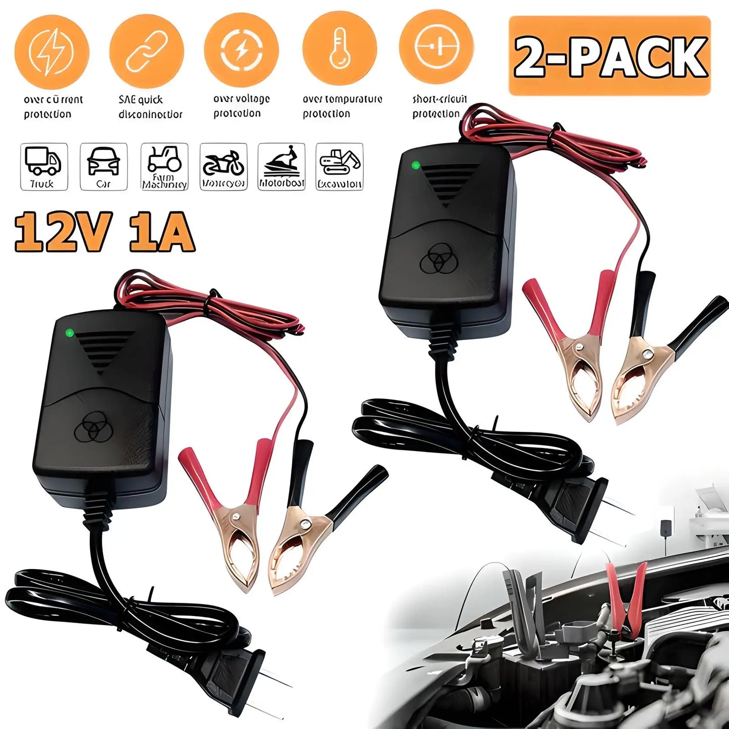 Smart 12V Car Battery Charger 1A Lead-Acid With Indicator Light 14.4 Volt Dual Wire Alligator Clip Camping Auto Charging Socket