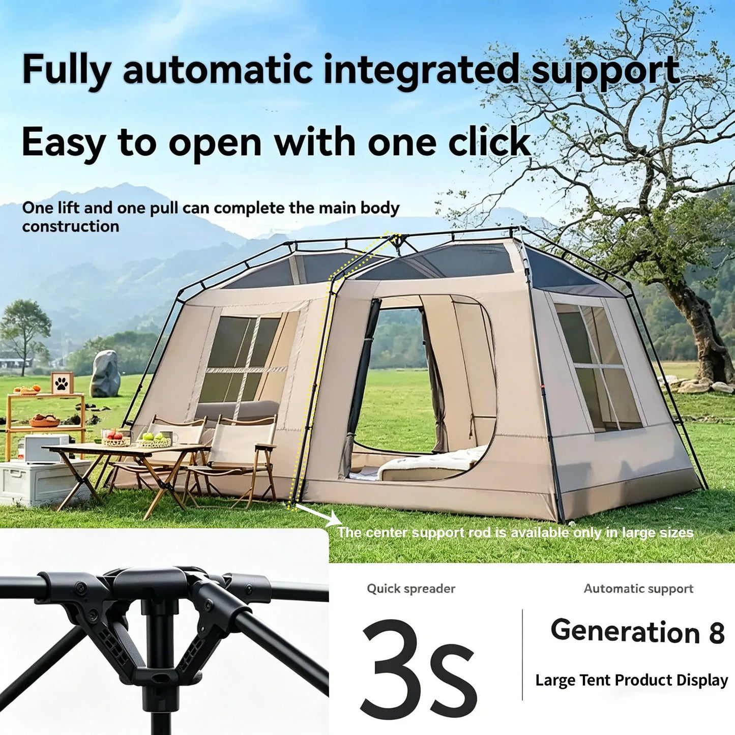 3-Second Fully Automatic Quick-Set Outdoor Camping Tent with Built-in Front Awning; Spacious Interior Ideal for Family Overnight Stays; All-Weather Protection Against Rain, Sun, and Mosquitoes; Well-Ventilated; Suitable for A