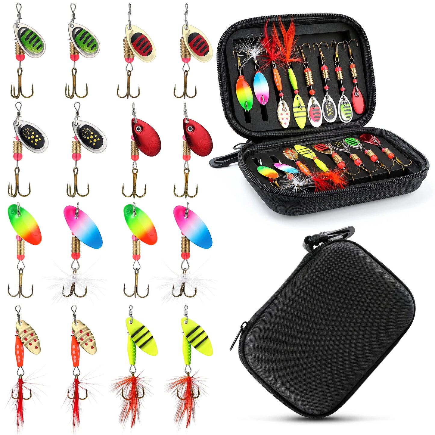 16Pcs Spinner Fishing Lures Set with Tackle Box Metal Composite Rotating Blades Bass Trout Salmon Freshwater Saltwater Fishing