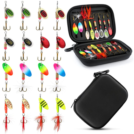 16Pcs Spinner Fishing Lures Set with Tackle Box Metal Composite Rotating Blades Bass Trout Salmon Freshwater Saltwater Fishing