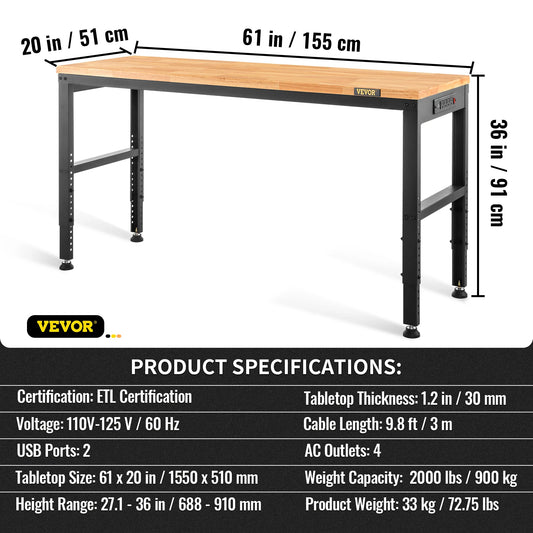 SucceBuy Multi Adjustable Workbench Woodworking Hardwood Work Bench with Power Outlets Foot Pads for Workshop Office Home Use