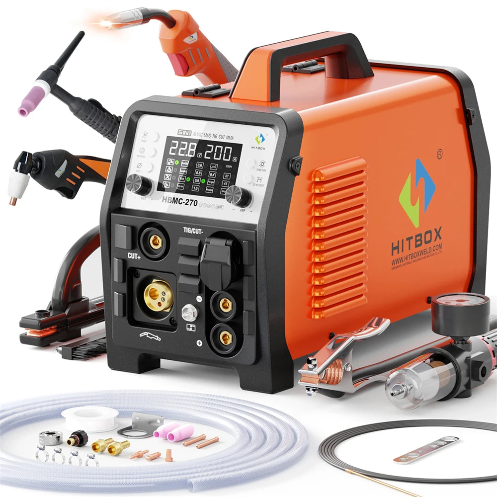 HITBOX Multifunction Soldering Machine 200A MIG Pulsed Aluminium Cored/Gas MIG/TIG HF/MMA/Plasma Cutting 40A HBMC270 Welder Tool
