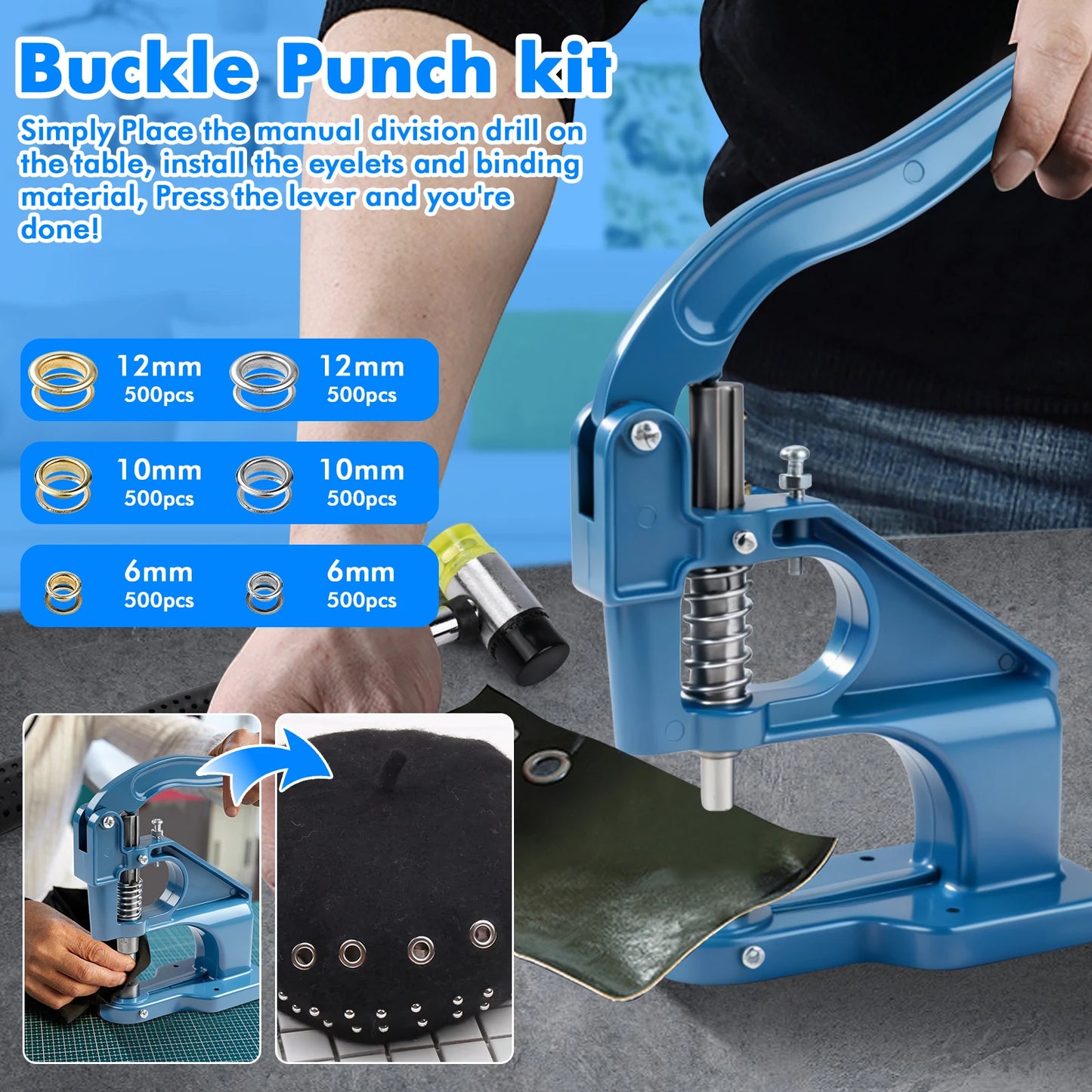 Manual Grommet Eyelet Machine DIY Hand Press Leathercraft Punch Tool w/6/10/12mm Dies+Grommets Easy to use Versatile use