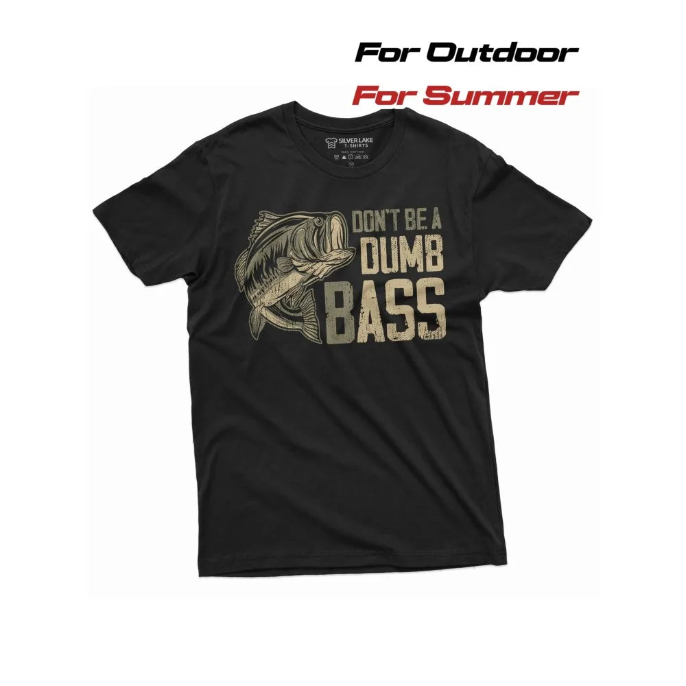 Men's Funny Fishing T-Shirt - "Don't Be a Dum Bass" Slogan & Bass Fish Jumping Print, Glossy Black Cotton Tee for Anglers, Casual Outdoor Wear, Short Sleeve Round Neck Summer Shirt, Ideal Gift for Fishermen