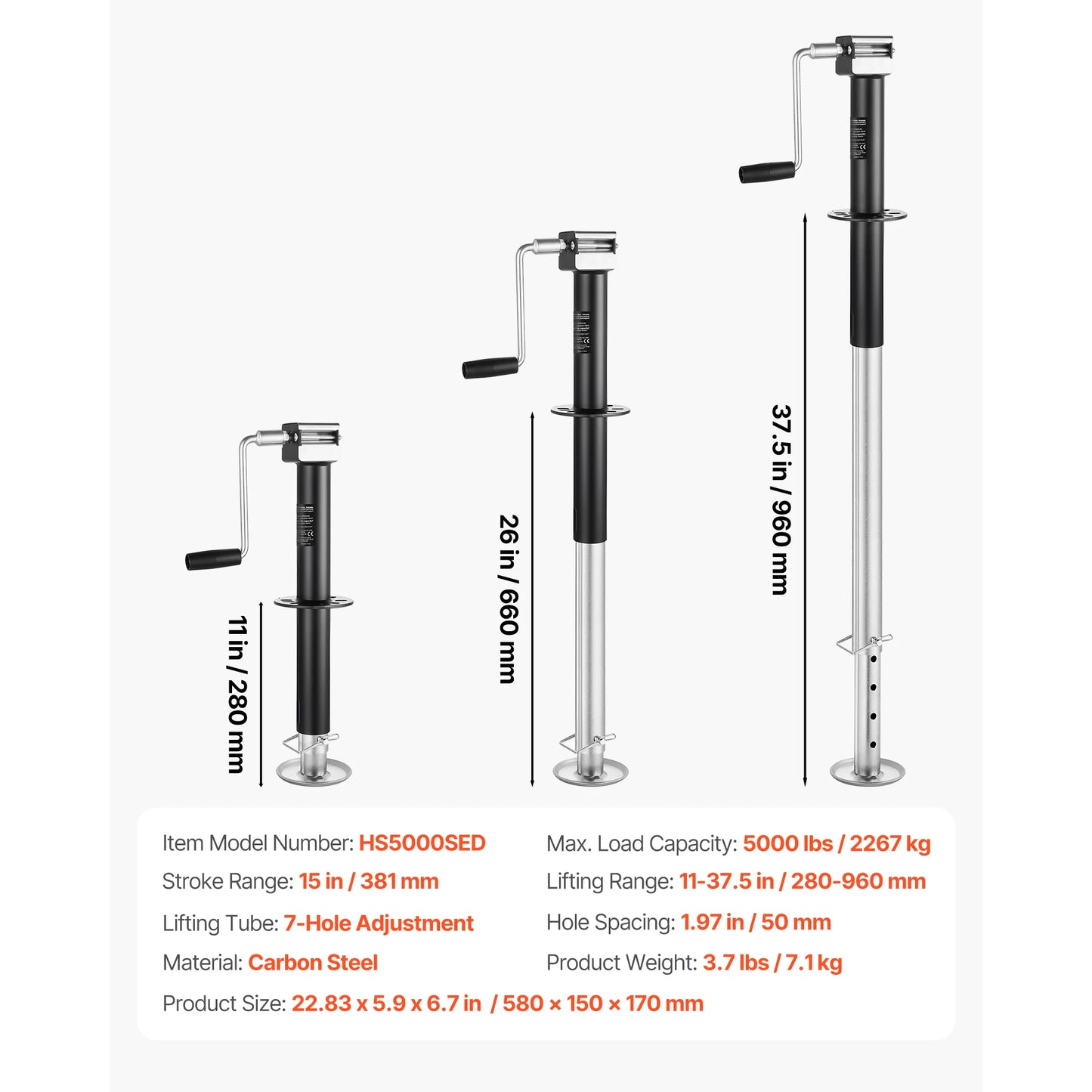 SucceBuy 5000 lbs A-Frame Trailer Jack 15-Inch Vertical Travel Trailer Lift Jack with Adjustable 7-Level Drop Leg for RV Utility