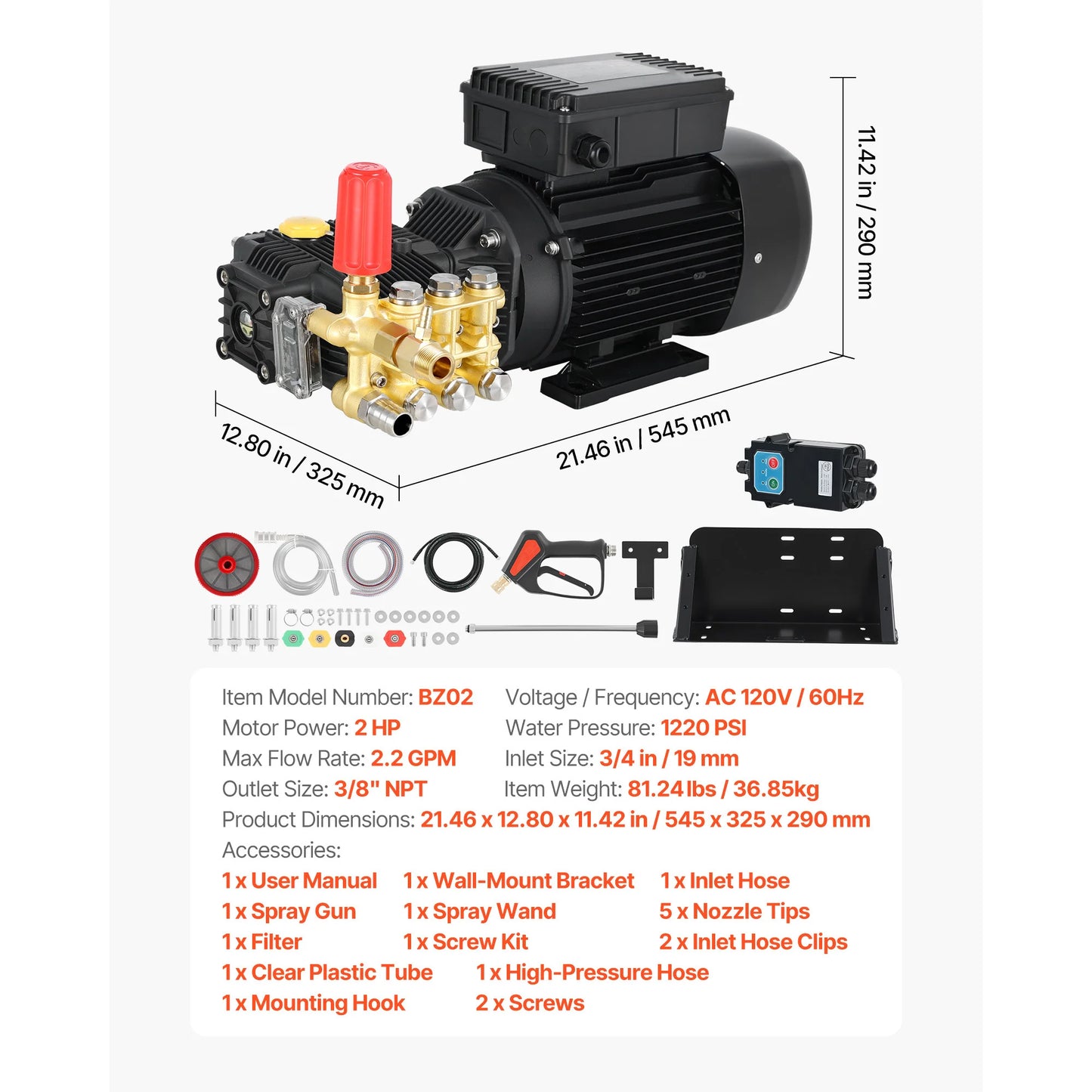 SucceBuy Electric Pressure Washer Pump Kit 1220/1950 PSI 2.2/3.2 GPM Triplex Power Washer Pump with Motor for Washing Car Garden