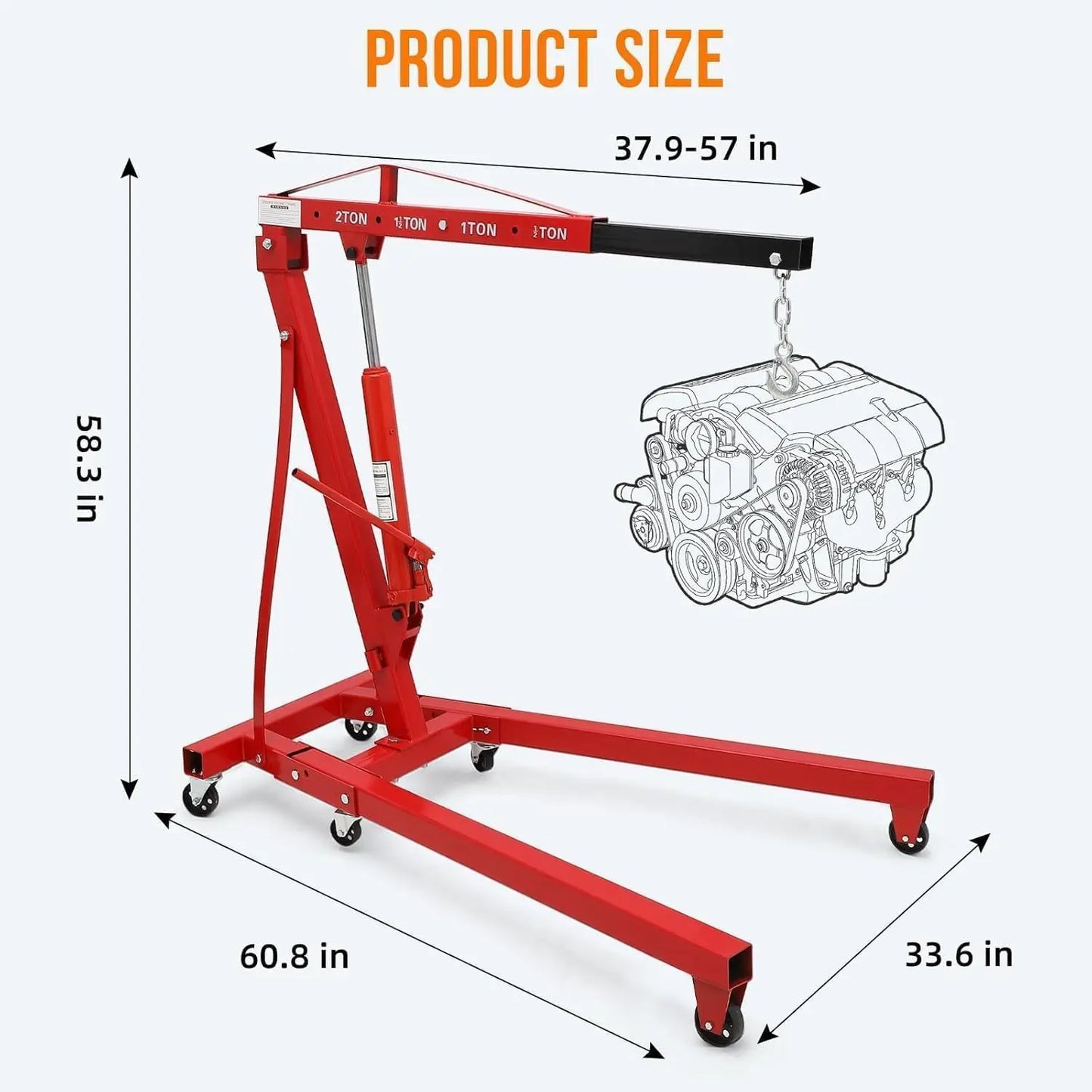 Cherry Picker Engine Hoist, Folding Engine Crane, 2 Ton 4400lb Engine Hoist Lift, Heavy Duty Hydraulic Engine Shop Crane with 6