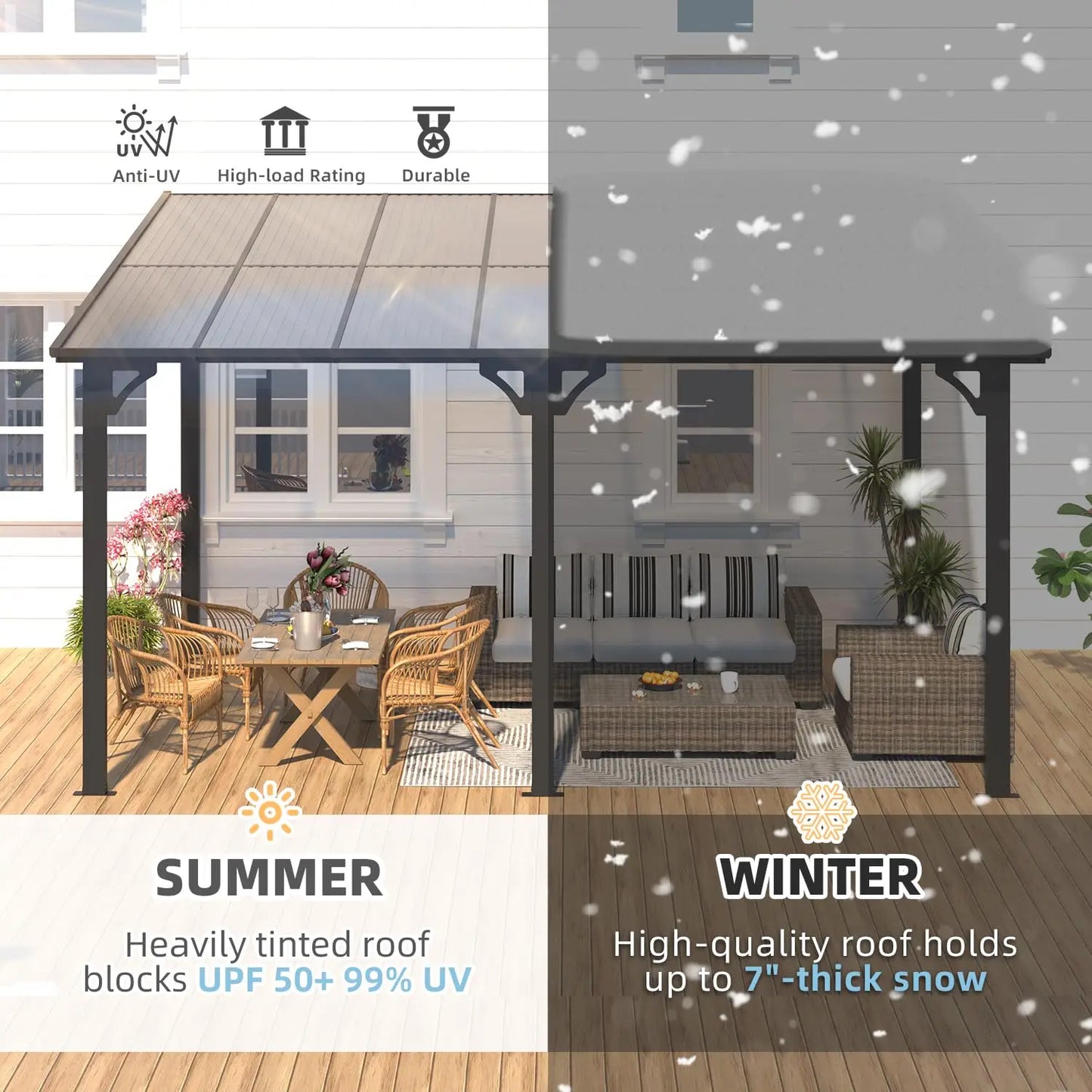 14x10 Hard Top Lean-to Gazebo Pergola with Wall-Mounted Steel Roof 140sqft Shade for Patio Deck Backyard Customized
