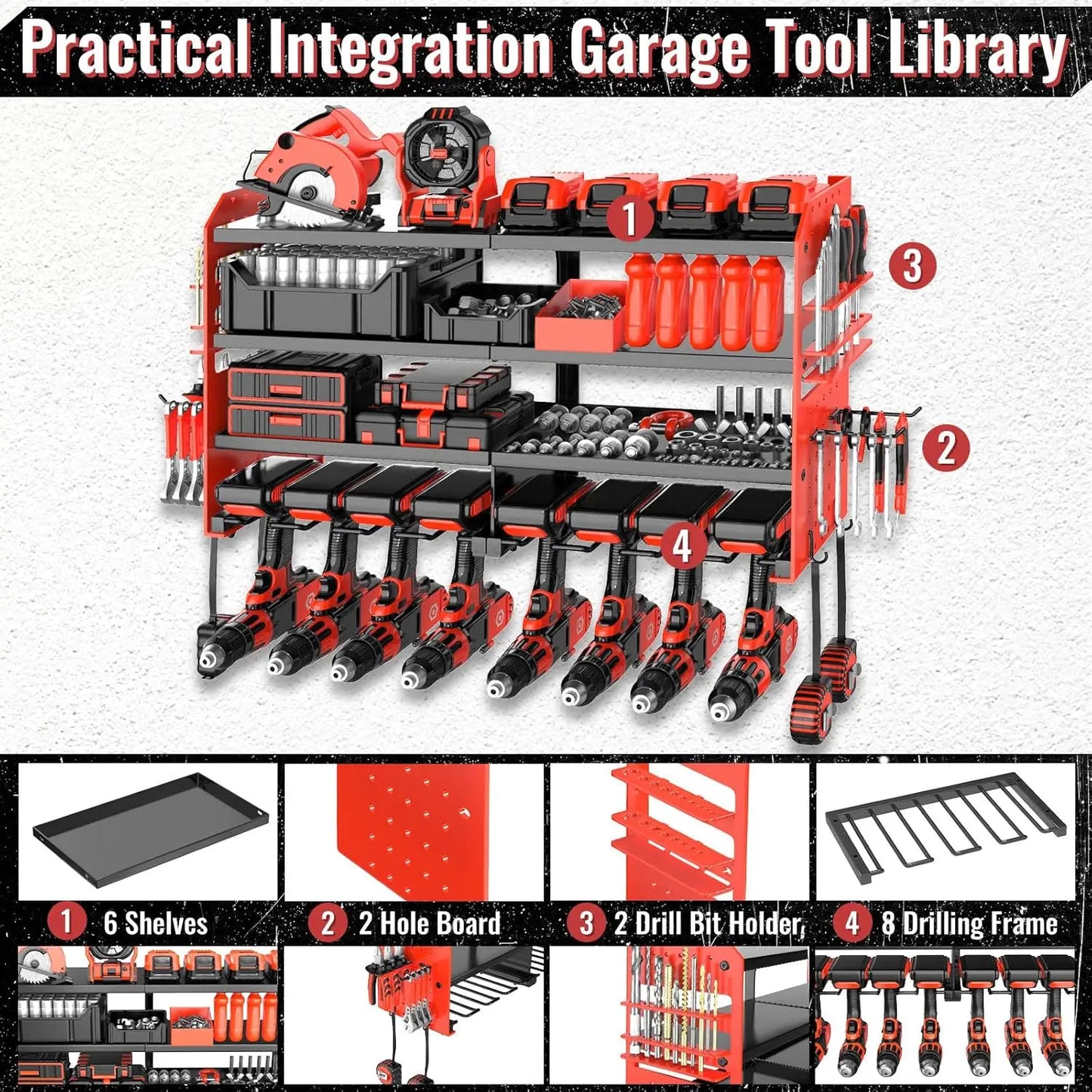 Metal Power Tool Organizer Wall Mount with Screwdriver Holder, Garage Storage Shelves for Drills and Pliers in Red