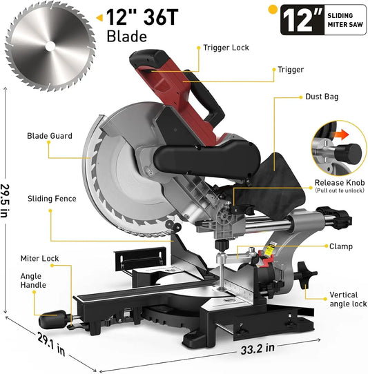 10/12 Inch Single/Dual-Bevel Sliding Compound Miter Saw, 5000/3800RPM, 0-45°, 15 Amp, 36T Blade Precision Cutting Power Saw