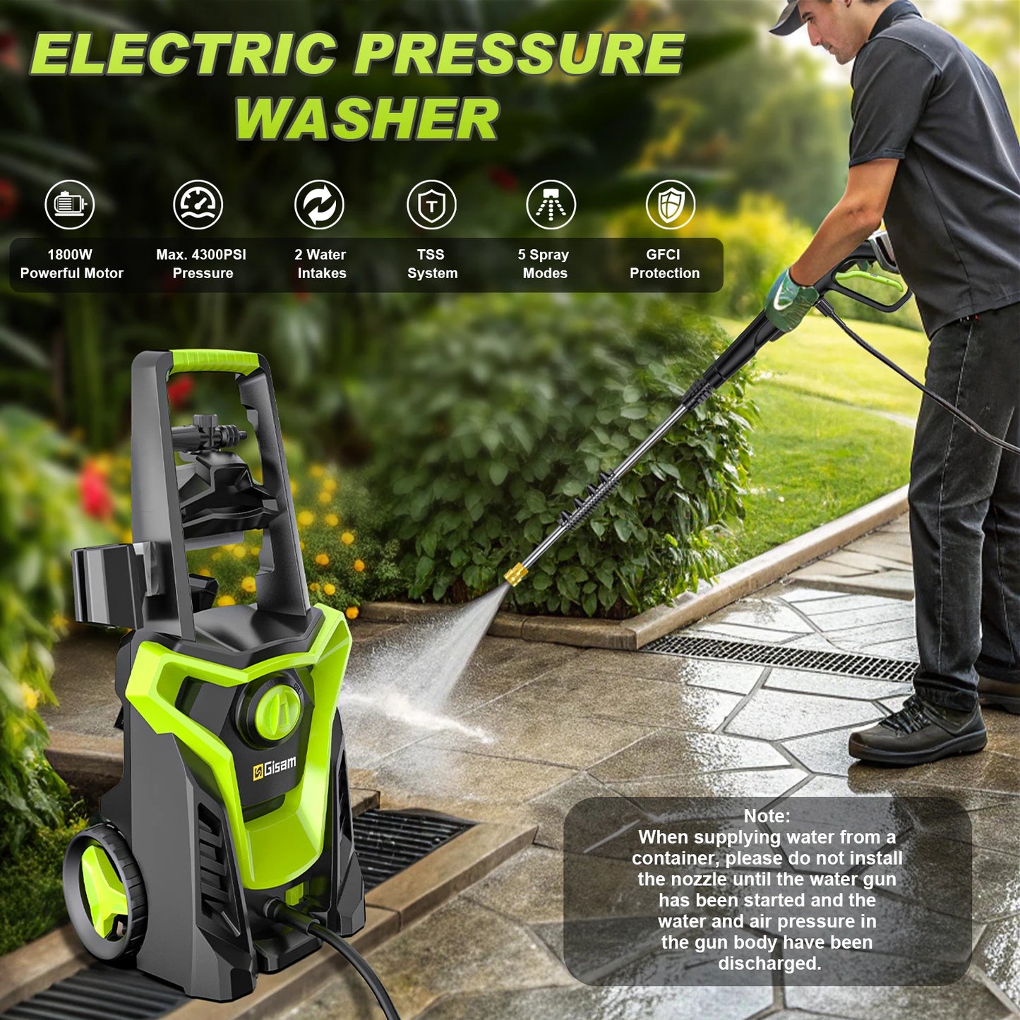 Gisam 4800PSI 1800W Electric High Pressure Washer Car Washer Gun Garden Washing Water Wash Spray Gun 180° Adjustable Nozzle