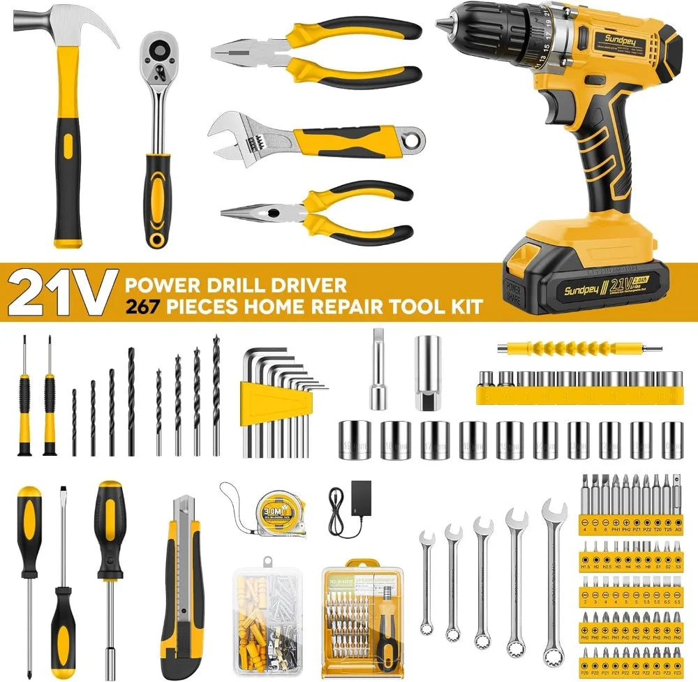 267-Piece General Home Repair Tool Kit with 21V Cordless Drill, 2.0Ah Battery & Charger, Portable Drawer Storage Box for Apartment Office Garage
