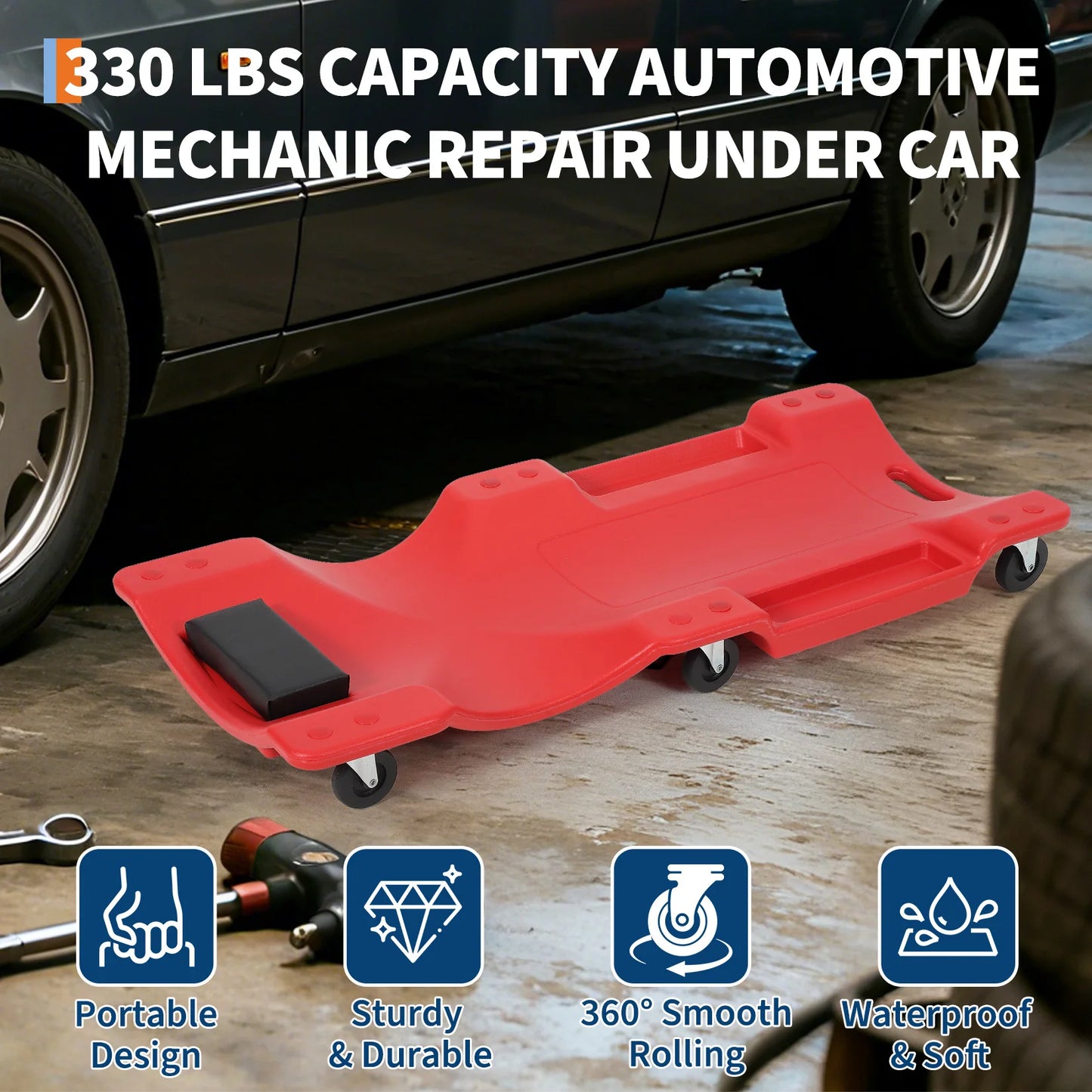 Heavy Duty 40" Low Profile Mechanic Creeper 350lb Capacity HDPE Garage Seat with Padded Headrest, 6 Casters for Auto Workshop