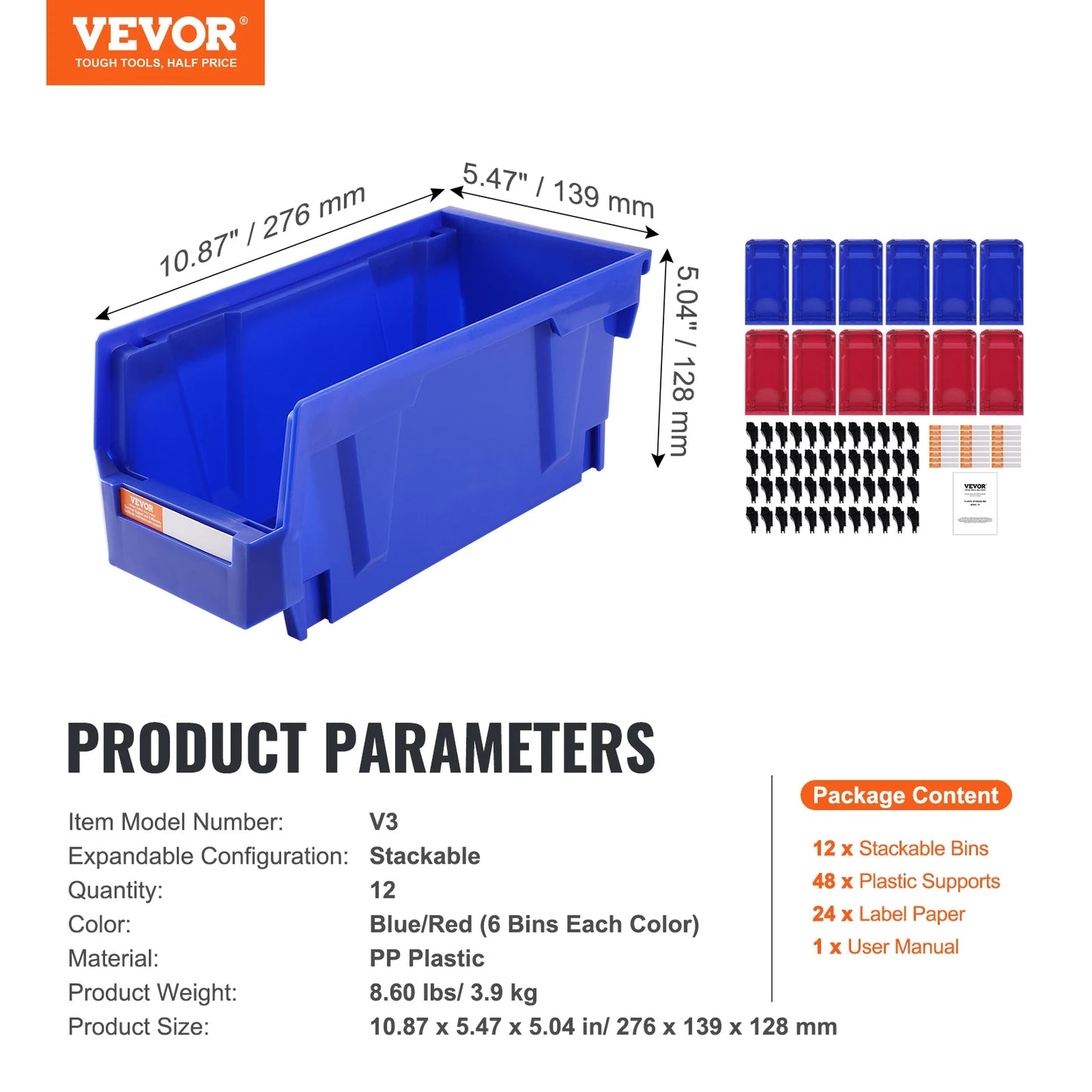 SucceBuy Parts Bin 12pcs 5x4*3inch Blue/Red Stackable Plastic Garage Tool Storage Box Container Organizer Bin  for Closet Garage