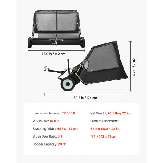 SucceBuy Lawn Sweeper Tow Behind Large Pull Behind Grass Sweeper with Dump Rope Adjustable Sweeping Height for Picking Up Grass