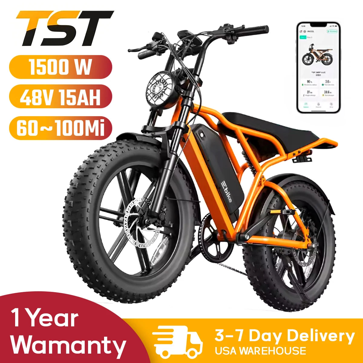 TST R002S 1500W Electric Bike, 20" fat tires, all-terrain, 60-90 miles range, 28MPH, 48V 15/25Ah battery.