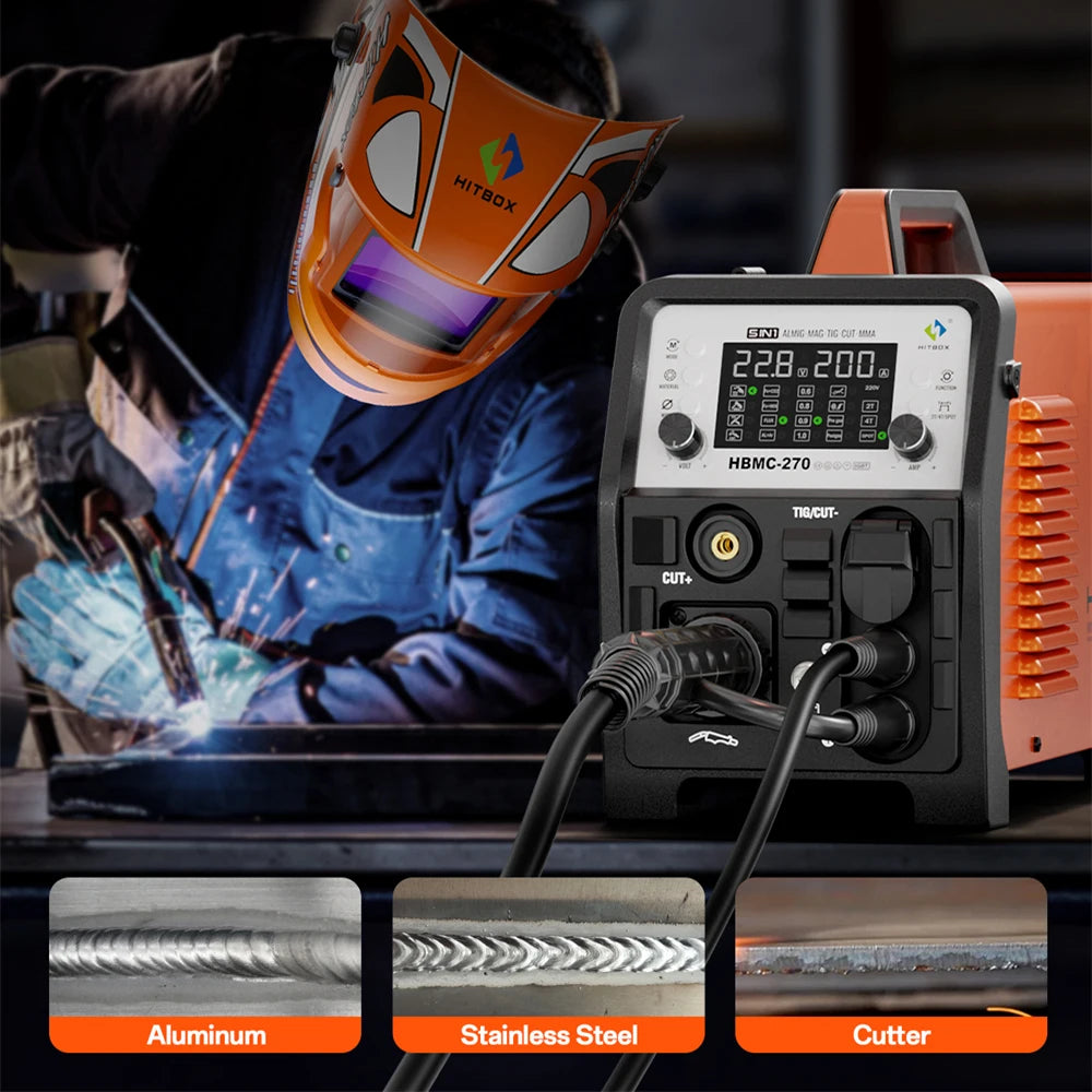 HITBOX Multifunction Soldering Machine 200A MIG Pulsed Aluminium Cored/Gas MIG/TIG HF/MMA/Plasma Cutting 40A HBMC270 Welder Tool