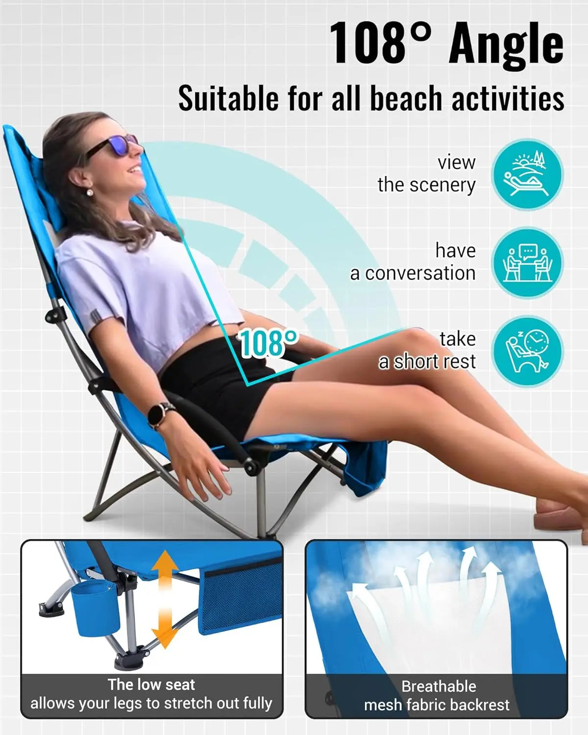 Low Beach Chair, High Back Folding Camping Chair for Adults, Oversized Breathable Mesh Seat, 300lbs Heavy Duty Portable Chair wi