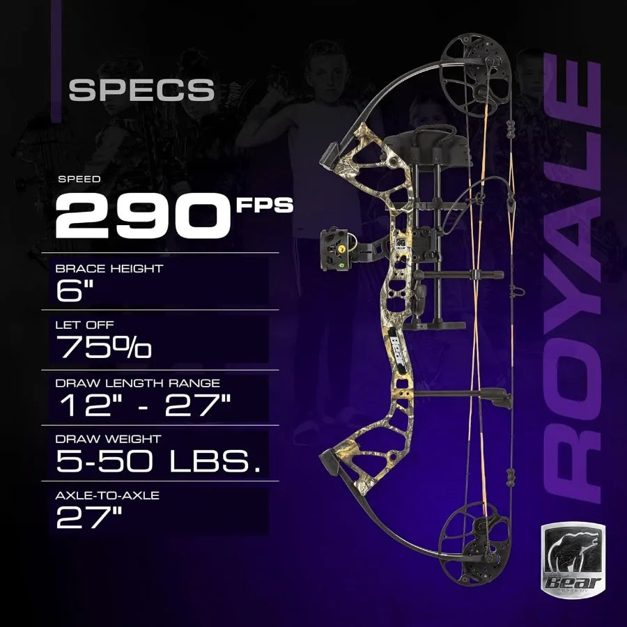 Bear Archery Royale Ready to Hunt Compound Bow Package for Adults and Youth 12 - 27 Draw Length 5-50 Lbs Draw Weight Up to 290