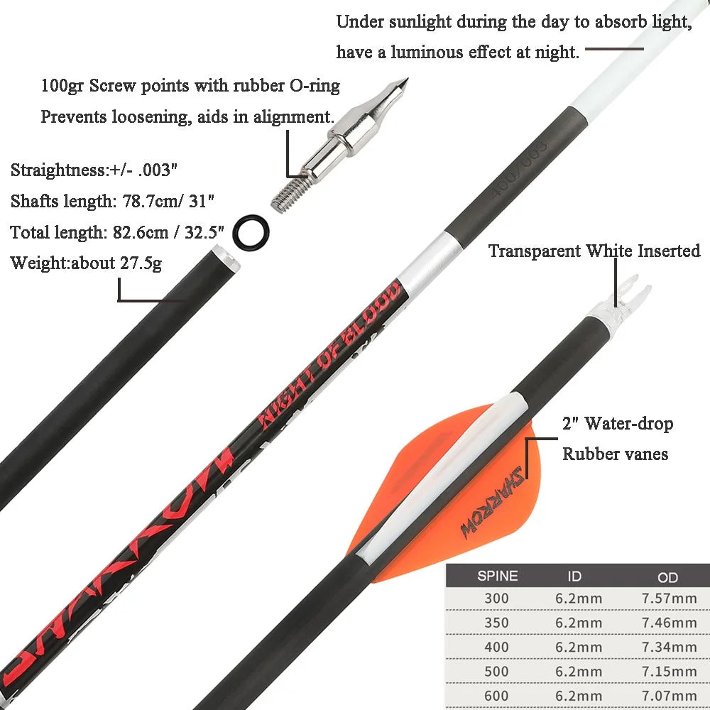 Pure Carbon Arrows 12Pcs Multi-Spine 300/400/500 ±0.003" Straightness 6.2mm ID for Recurve & Compound Bow Practice & Hunting