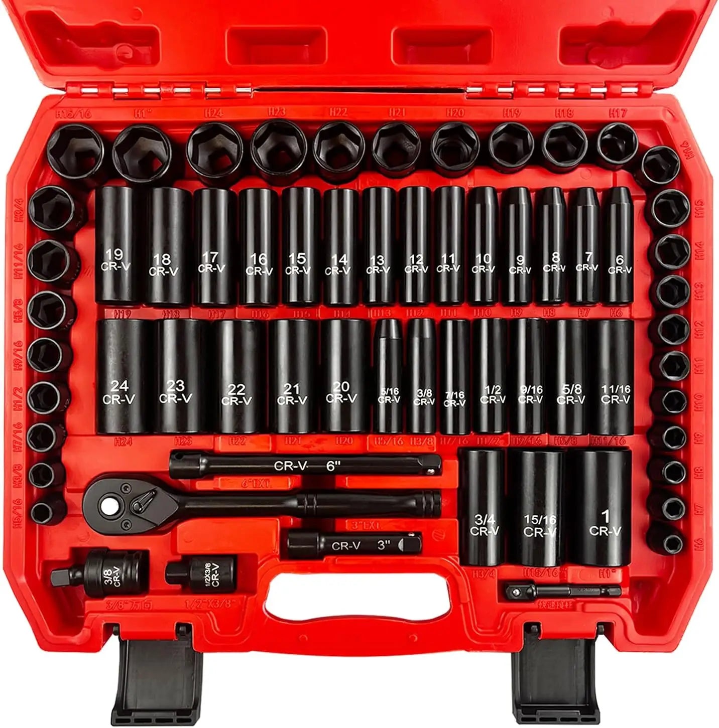 64pcs 3/8" Drive Impact Socket Set, SAE/Metric Deep & Shallow, Cr-V Steel with 72T Ratchet Handle, Extension Bars, Bit Adapter