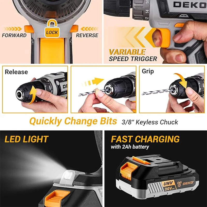 DEKO Cordless Drill And Household Repair Tool Kit With Battery