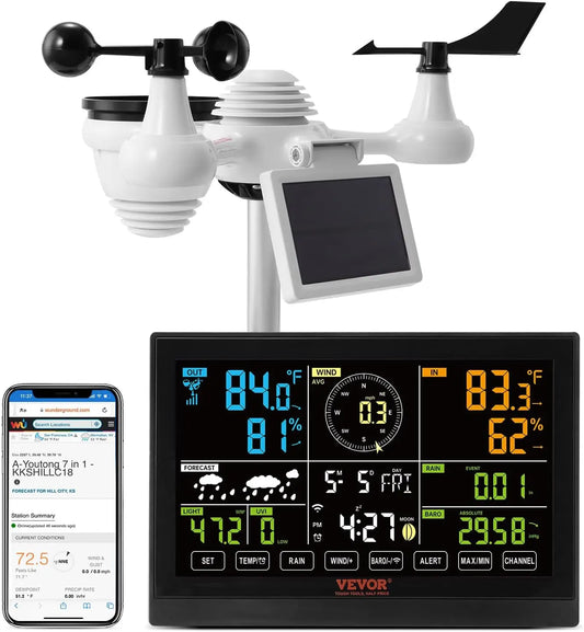7-in-1 WiFi Weather Station with 7.5" Color Display for Indoor/Outdoor Forecast, Temperature, Humidity, Wind & Rain Monitoring