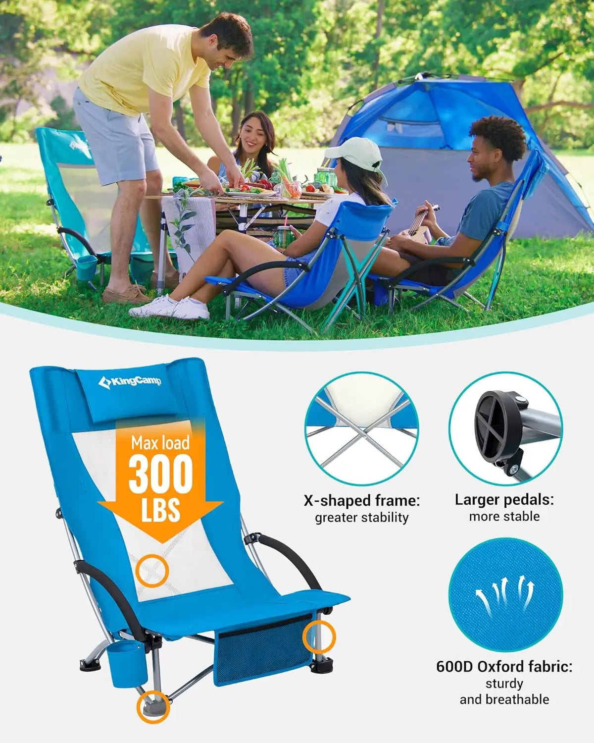 Low Beach Chair, High Back Folding Camping Chair for Adults, Oversized Breathable Mesh Seat, 300lbs Heavy Duty Portable Chair wi
