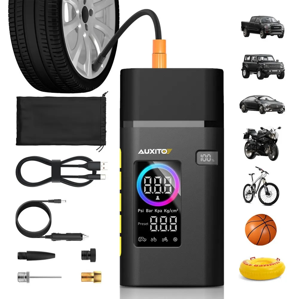 AUXITO Portable Tire Inflator Pump for Car Tires Portable Battery Powered Tire Inflator Air Compressor for Car Motorcycle Bike