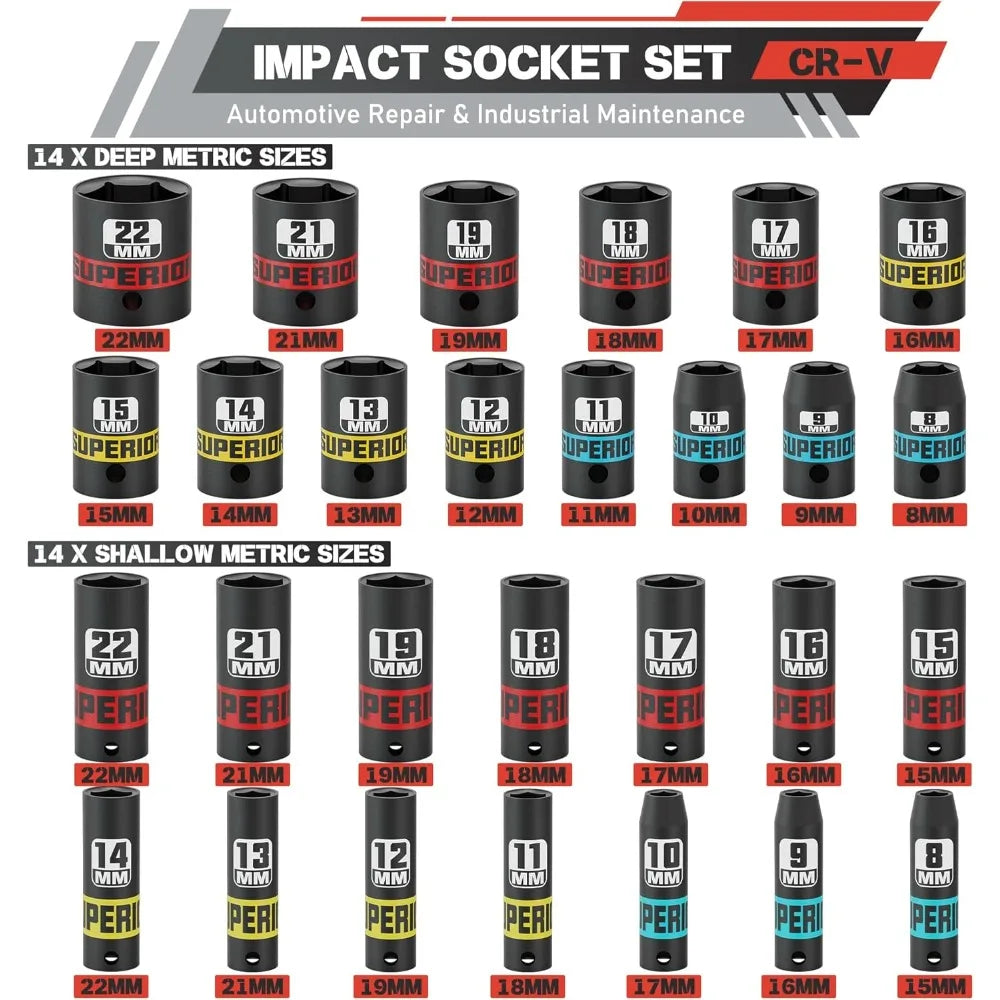 50 Piece 3/8' Drive Impact Socket Set, SAE (5/16'-3/4') and Metric (7 mm-19 mm), Deep & Shallow