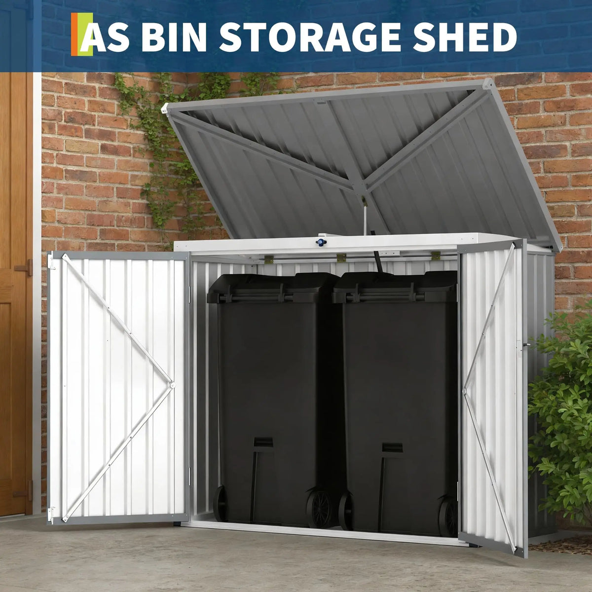 5.8 x 3.3 FT Outdoor Trash Storage Shed, 80 Cu Ft Galvanized Steel Garden Tool Cabinet With Sloped Roof, Latch & Gas Struts