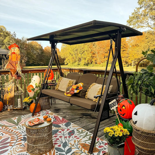 Adjustable Canopy 3-Seat Outdoor Porch Swing Chair Bench with Cup Holder Cushion Pillow for Patio Backyard Lawn, Custom