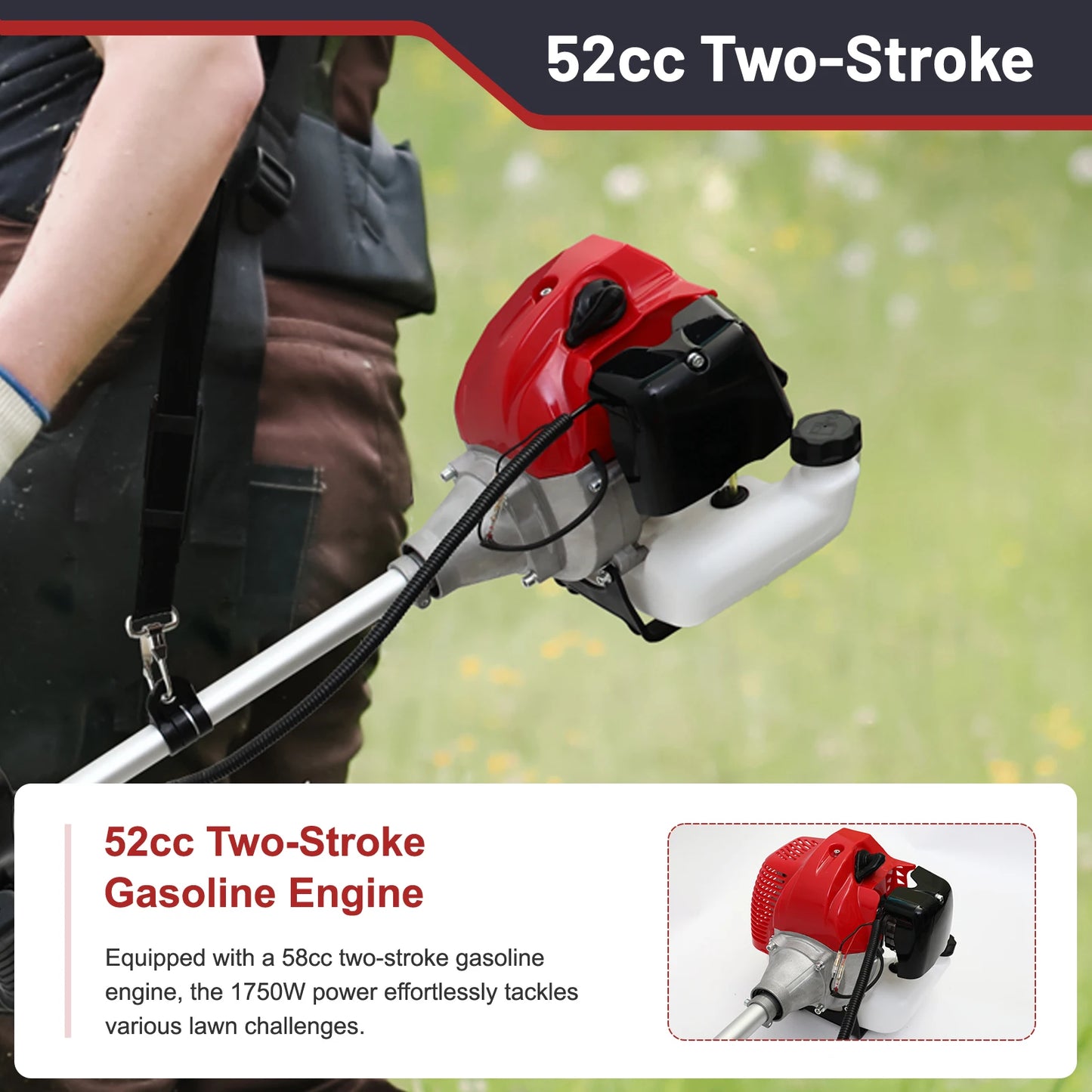 52cc 2-Stroke Gasoline Lawn Mower Gas String Trimmer 3-in-1 Adjustable Handheld Weed Eater with 4 Detachable Trimmer Heads