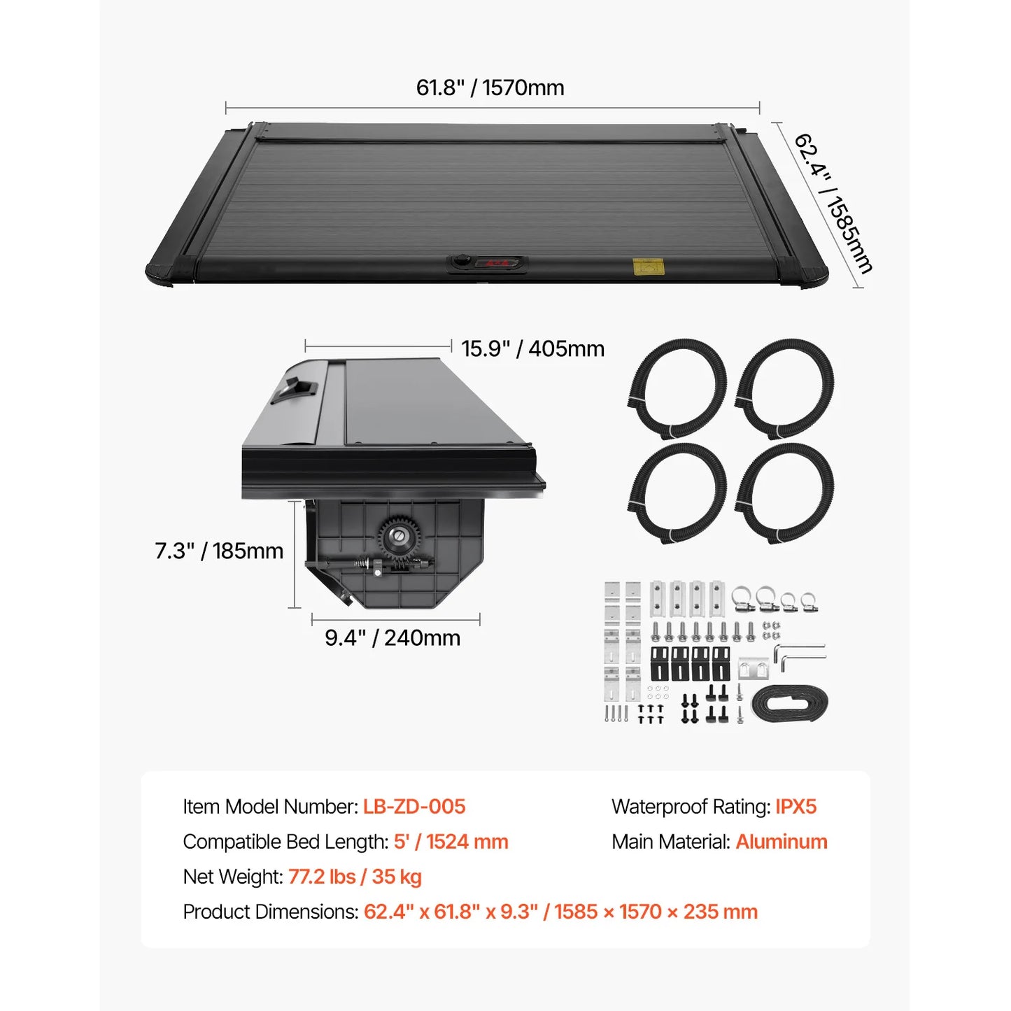 SucceBuy Retractable Tonneau Cover 5.5ft Aluminum with Drainage Pipe for 2021-2024 Ford F-150 Crew Cab Double-Lock T-Slot Design