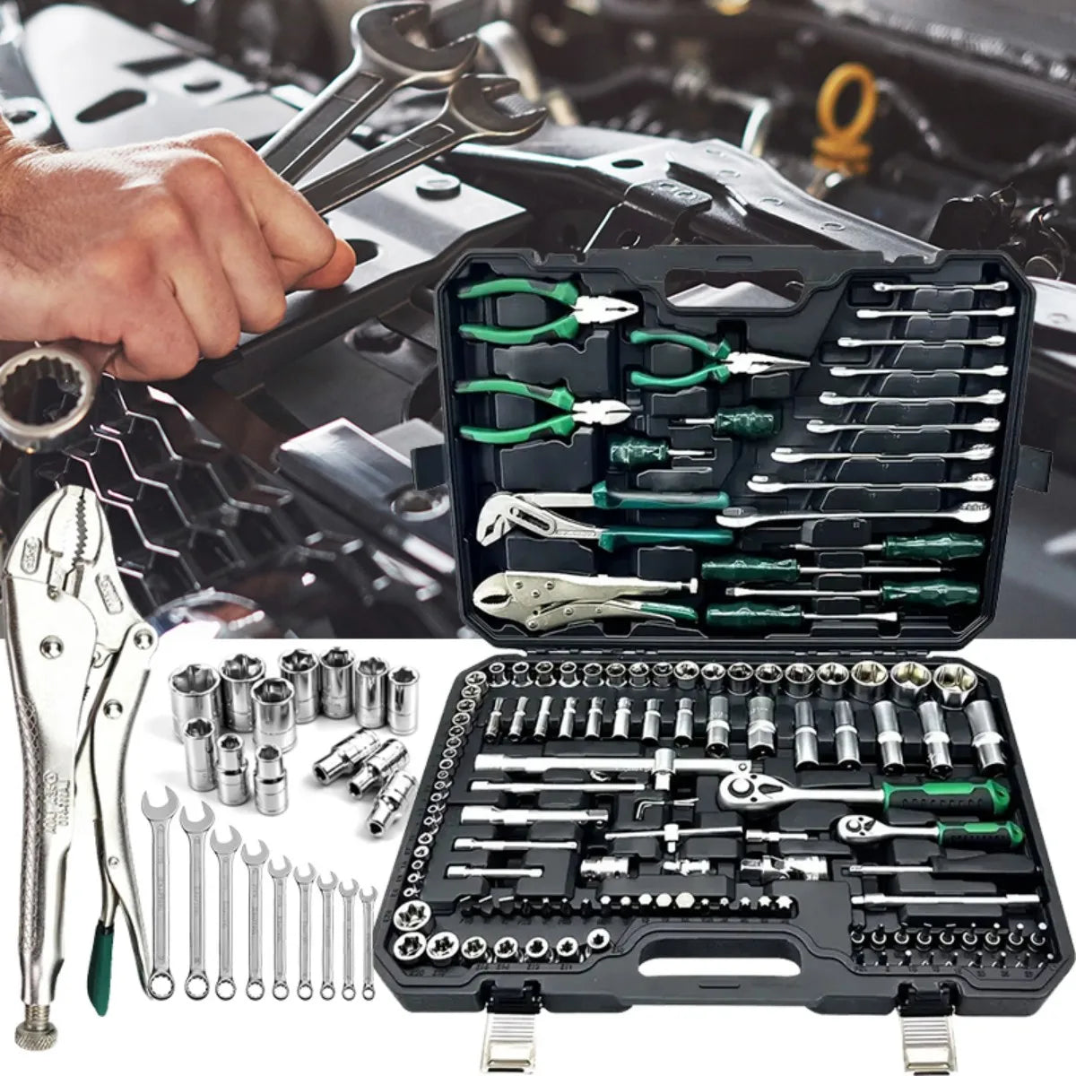 131-Piece Chrome Vanadium Steel 72-Tooth Quick Ratchet Wrench Dual-purpose Wrench Link Pearl Nickel Sleeve Tool Set