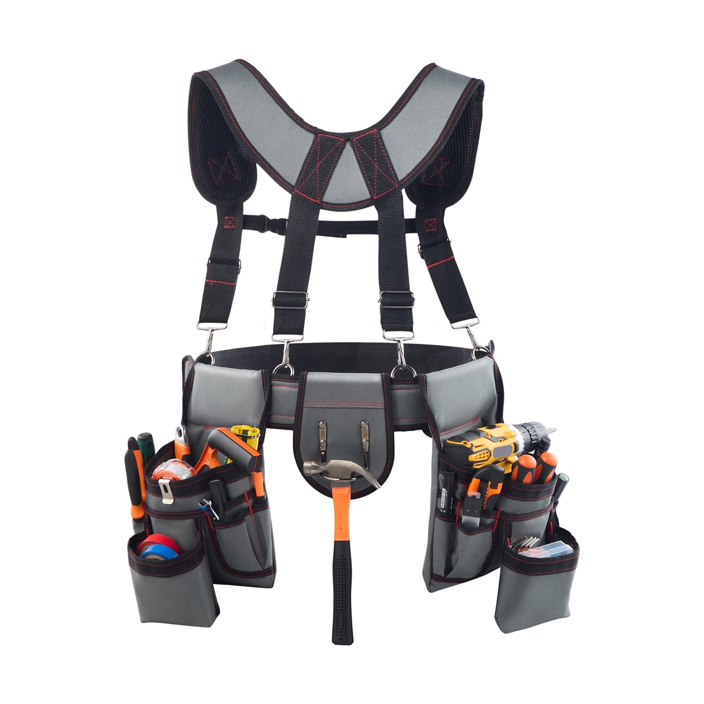 SucceBuy Tool Belt 22 Pockets Waist Adjust 32 to 68 in with Suspenders Utility Belt Bag for Electrician Carpenter Construction
