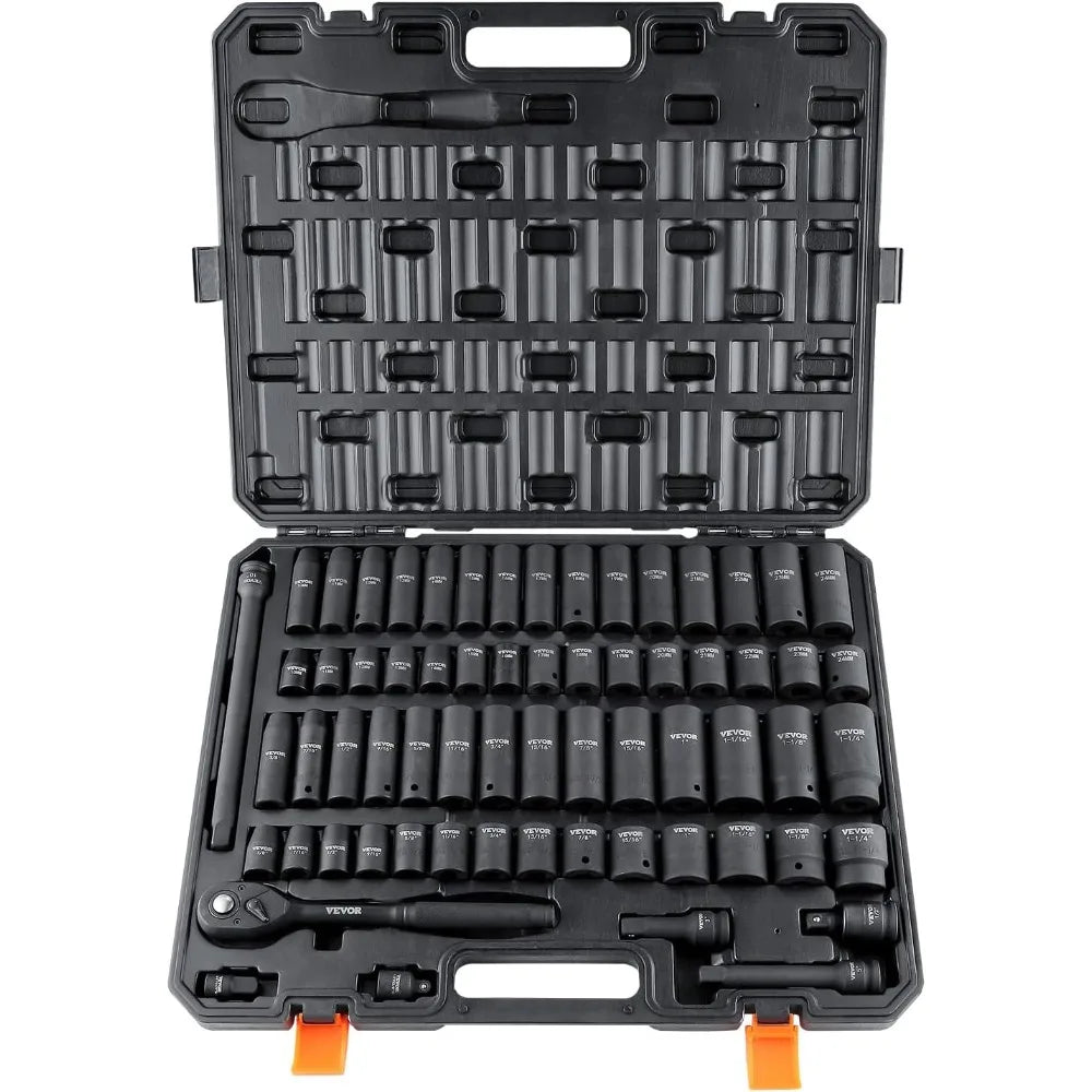 VEVOR 1/2" Drive Impact Socket Set, 65 Piece SAE 3/8" to 1-1/4" and Metric 10-24mm, 6 Point Cr-V Alloy Steel for Auto Repair,