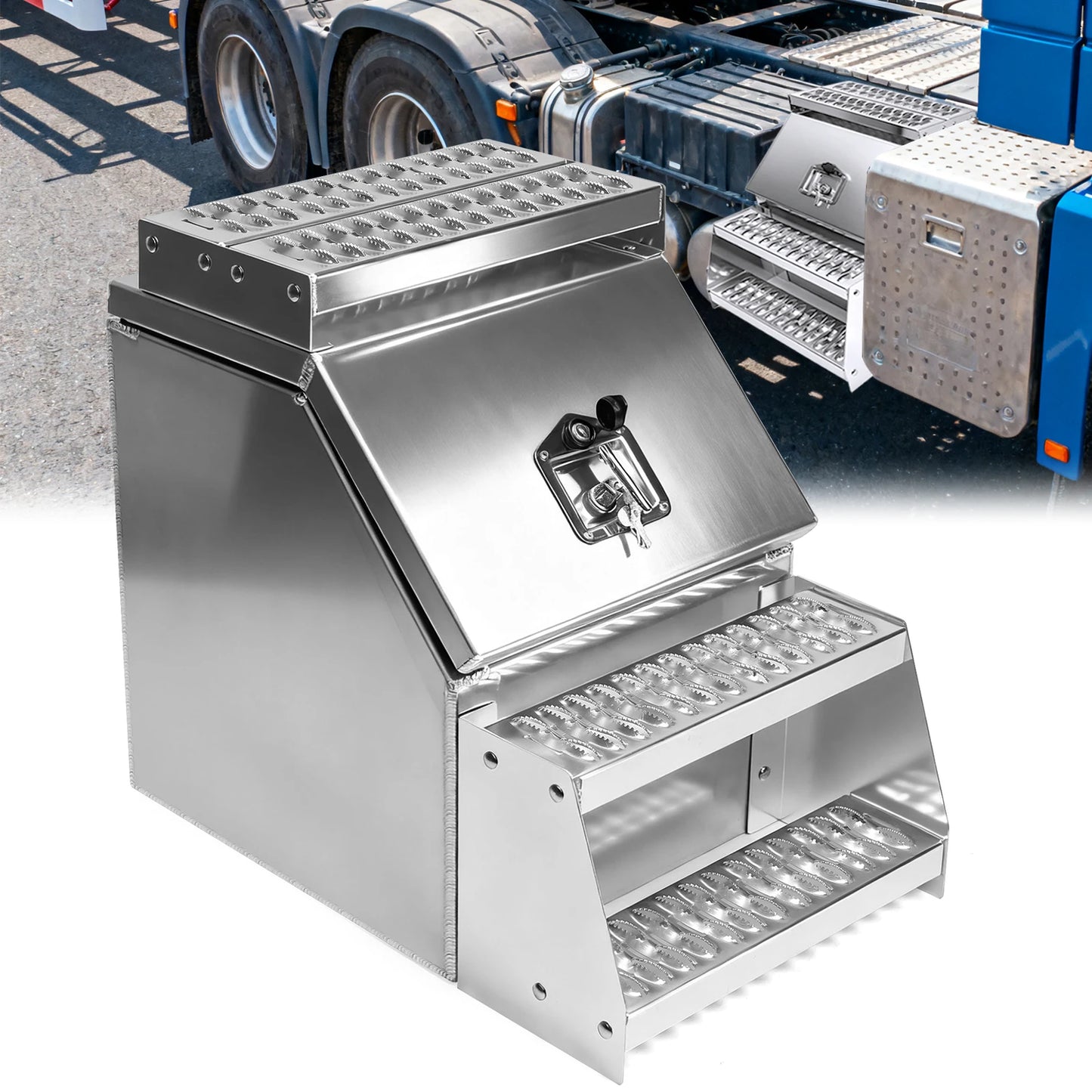 18in Aluminum Semi Trucks Side Storage Saddle Step Box 17.99x27.99x25inch with T-Handle Latch Lock for Peterbilt Kenworth & More