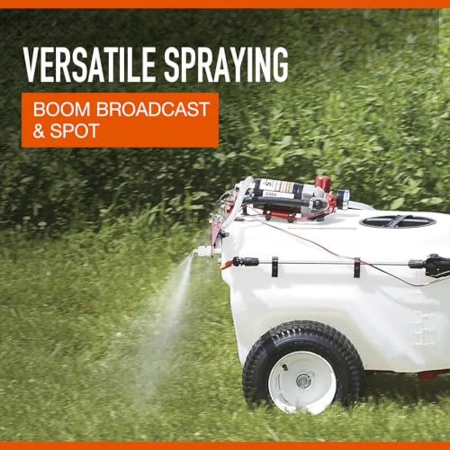 Tow-Behind Trailer Boom Sprayer 21-Gallon Tank 2.2 GPM 12V DC 70 PSI Spring-Loaded Breakaway Boom NSQ Series On-Demand Pump Sil