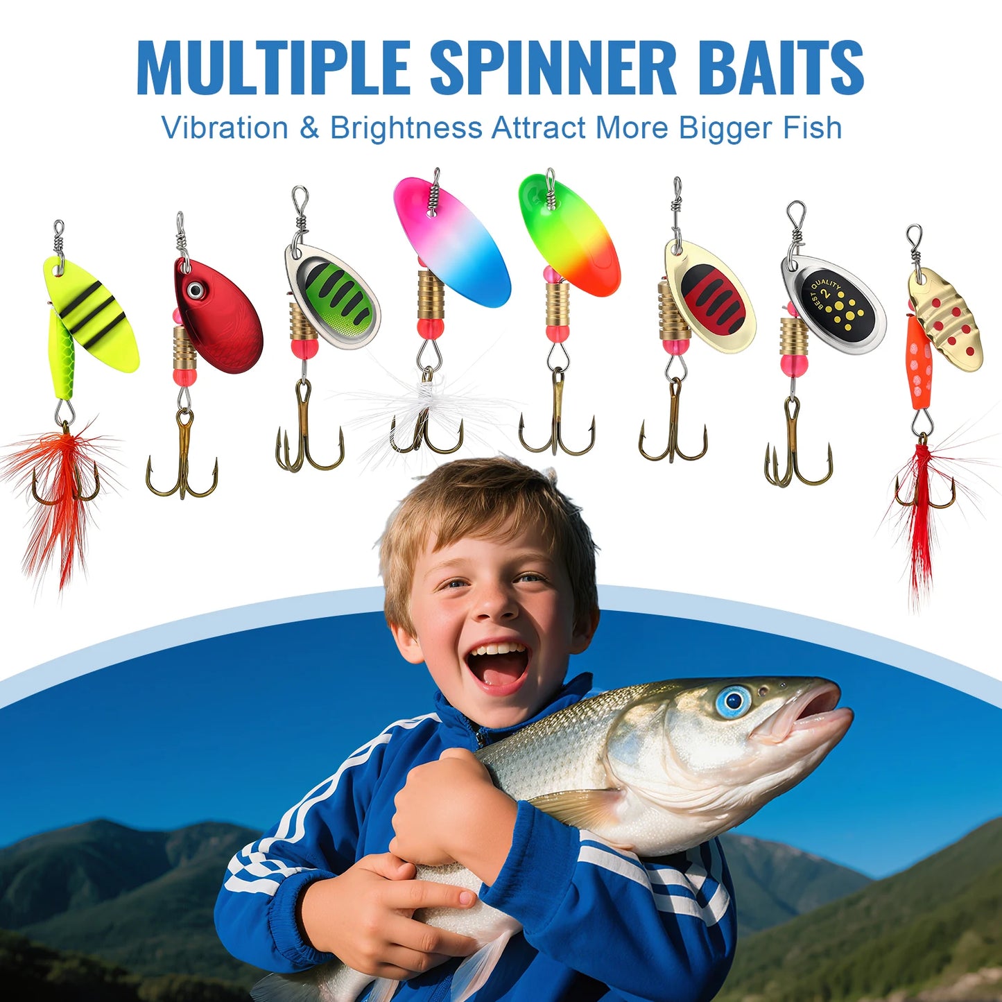 16Pcs Spinner Fishing Lures Set with Tackle Box Metal Composite Rotating Blades Bass Trout Salmon Freshwater Saltwater Fishing