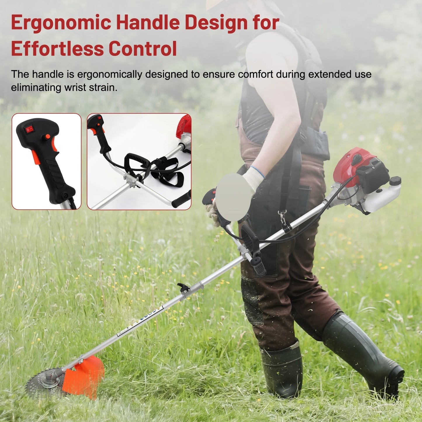 52cc 2-Stroke Gasoline Lawn Mower Gas String Trimmer 3-in-1 Adjustable Handheld Weed Eater with 4 Detachable Trimmer Heads
