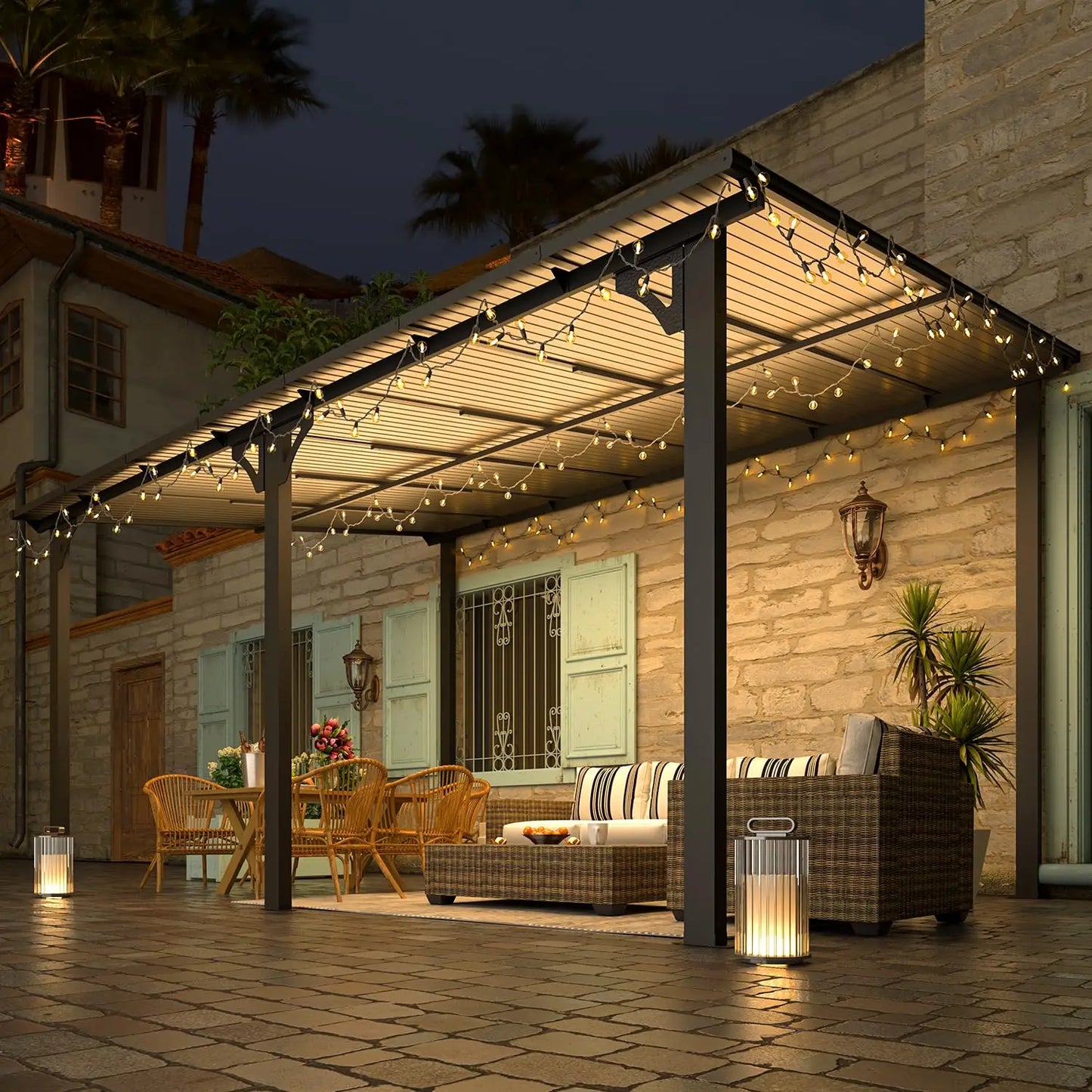 14x10 Hard Top Lean-to Gazebo Pergola with Wall-Mounted Steel Roof 140sqft Shade for Patio Deck Backyard Customized
