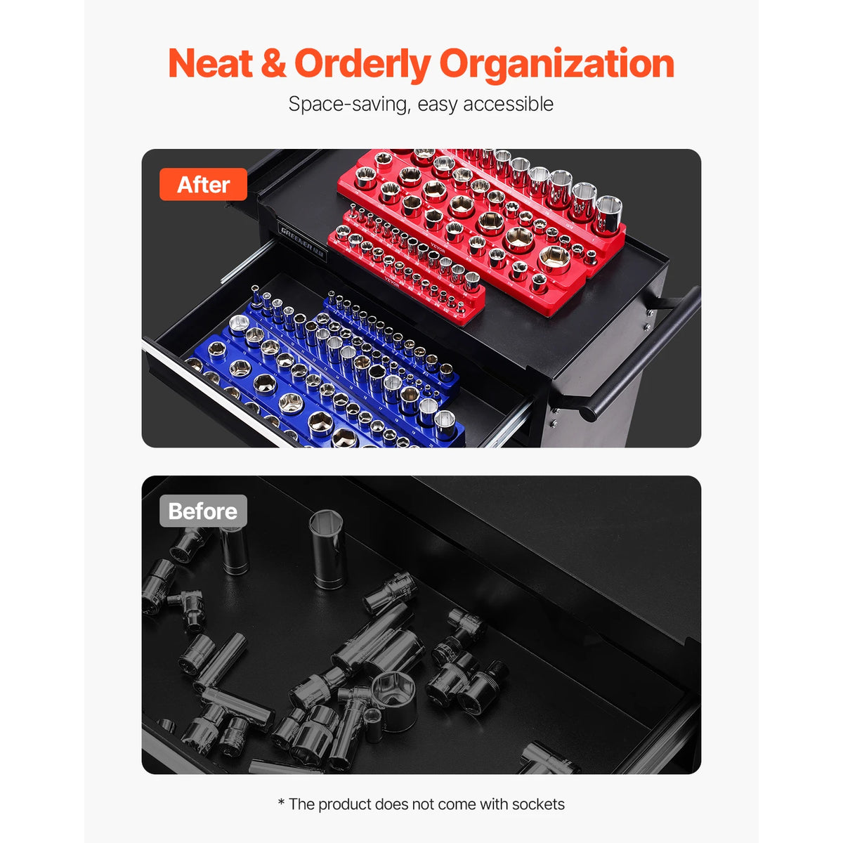 SucceBuy 6pcs/8pcs Blue+Red Magnetic Socket Organizer Set 3/8'' 1/2'' Metric SAE Socket Trays with Clear Labels for Tool Box