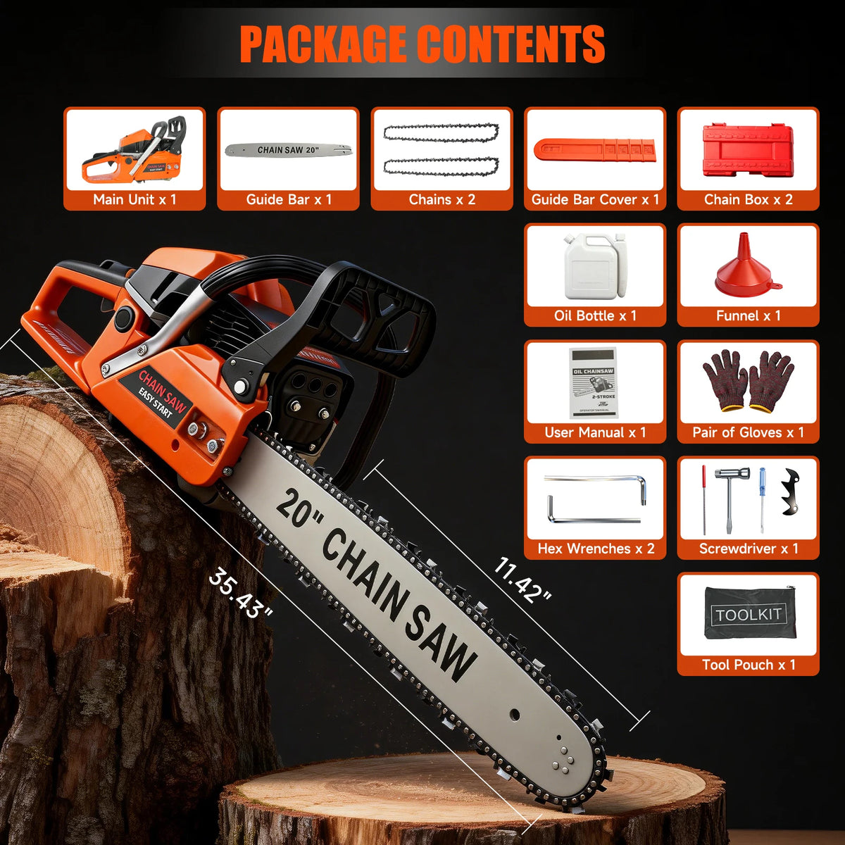62CC 20-Inch Cordless Gasoline Chainsaw 8500rpm 2-Stroke 3.4hp Hand-Held for Farm/Garden/Ranch/Heavy-Duty Wood Cutting
