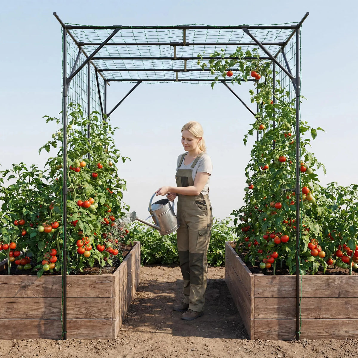78in Metal Garden Arch Trellis With Netting For Climbing Plants, Outdoor Cucumber Tunnel Arbor For Raised Bed Backyard Walkway